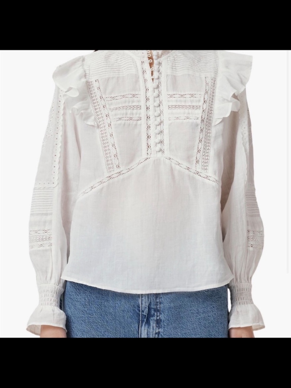AllSaints White Lace-Panel Ruffle-Shoulder Blouse